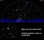Mars dne 29. ledna 2010. Pohled směrem na jih ve 22:00 SEČ. Zdroj: www.astronet.ru/db/map/set_lang?lang=en