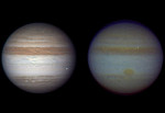 Dopady kosmických vetřelců do atmosféry Jupiteru. Vlevo: Anthony Wesley, Austrálie, 3. června 2010. Vpravo: Masayuki Tachikawa, Japonsko, 20. srpna 2010