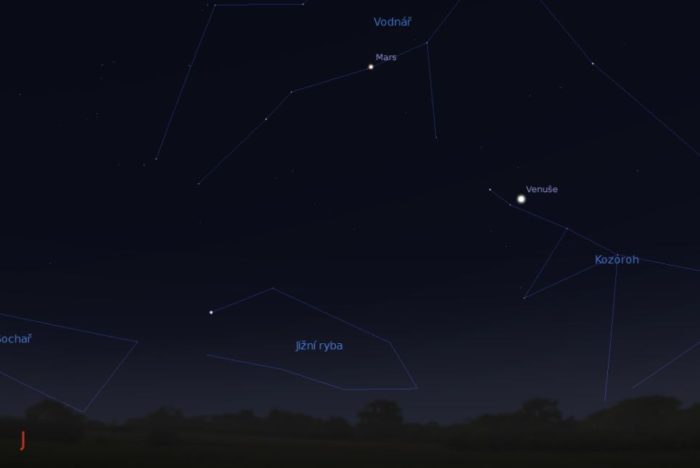 Venuše a Mars na večerním nebi. Zdroj: Stellarium