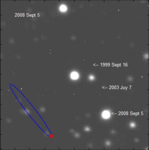 Pohyb hvězdy VB 10 na hvězdném pozadí během posledních 9 let. 