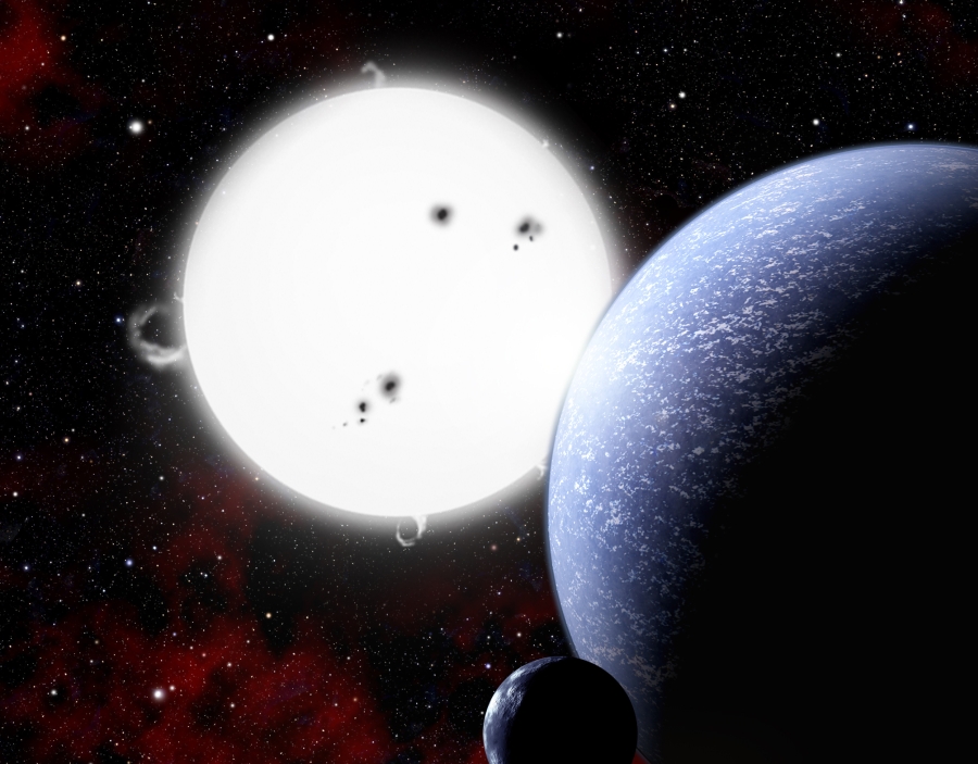 Kresba: Exoplaneta u velmi hmotné hvězdy spektrální třídy A.