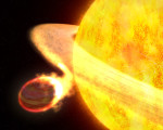 Exoplaneta WASP-12 b se svou mateřskou hvězdou v představách malíře ( NASA, ESA, and C. Haswell (The Open University, UK)