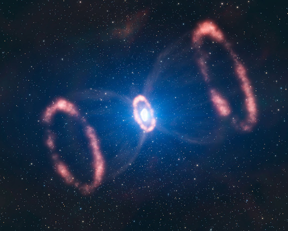 Na fotografii z dalekohledu VLT je pozůstatek po výbuchu supernovy SN 1987 A. Credit: ESO