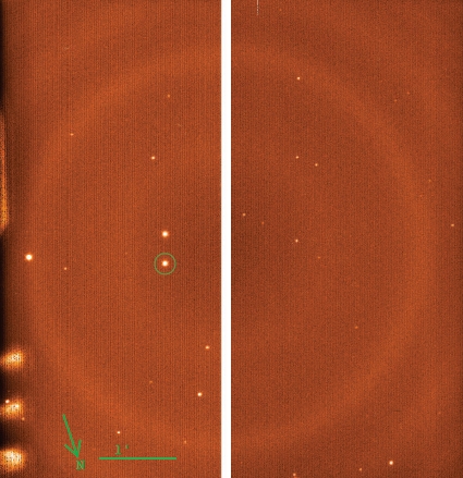Část souhvězdí Rysa na dvou CCD čipech dalekohledu GTC. Hvězda XO-2 je vidět na levém snímku v kroužku. Credit: Sing et al. 