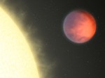 Exoplaneta ups And b v představách malíře. Nejteplejší místo („horká skvrna“) se podle pozorování kosmického dalekohledu Spitzer nachází na nečekaném místě. Credit: NASA/JPL-Caltech.