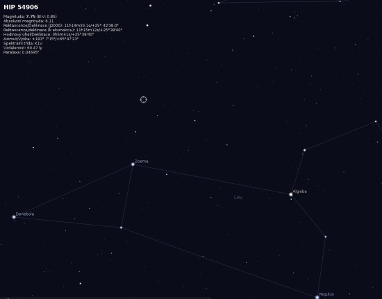 Pozice hvězdy HD 97658 (HIP 54906) v souhvězdí Lva. Zdroj: Stellarium