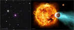 Vlevo: hvězda CoRoT-2 v oblasti viditelného a rentgenová záření, vpravo: s exoplanetou v představách malíře. Credit: Optical: NASA/NSF/IPAC-Caltech/UMass/2MASS, PROMPT; Wide field image: DSS; X-ray: NASA/CXC/Univ of Hamburg/S.Schröter et al; Illustration: CXC/M. Weiss