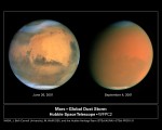 Obří celoplanetární prachová bouře na snímku z Hubblova dalekohledu. Vlevo pak snímek Marsu při „běžném stavu“. Credit: NASA, James Bell (Cornell Univ.), Michael Wolff (Space Science Inst.), and The Hubble Heritage Team (STScI/AURA)