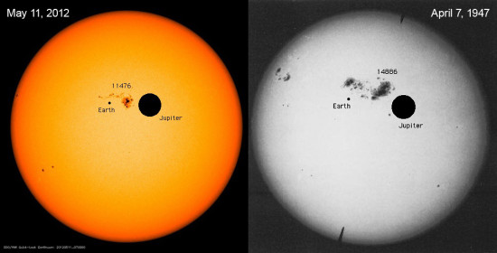 skvrny_slunce Srovnání slunečních skvrn s velikostí Jupiteru a Země. Credit: NASA