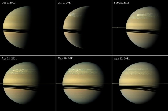 Projevy bouře v atmosféře Saturnu. Credit: NASA, ESA