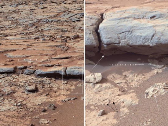 Detailní pohled na oblast "Yellowknife Bay". Černé šipky ukazují na přítomnost konkrementů (chuchvalce minerálů). Podle zjištění Curiosity zde kdysi byla voda. Credit: NASA