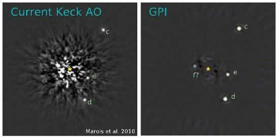 Simulace. Vlevo: dnešní možnost zobrazení planetární soustavy přímým zobrazením. Vpravo: zobrazení pomoci GPI. Credit: Christian Marois/Herzberg Institute of Astrophysics and Marshall Perrin/Space Telescope Science Institute