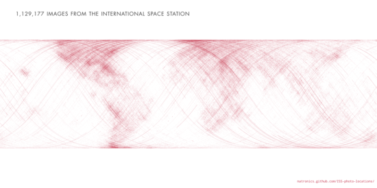 Jednotlivé body představují jednotlivé snímky, pořízené astronauty z paluby ISS. Zdroj: http://natronics.github.com/ISS-photo-locations/