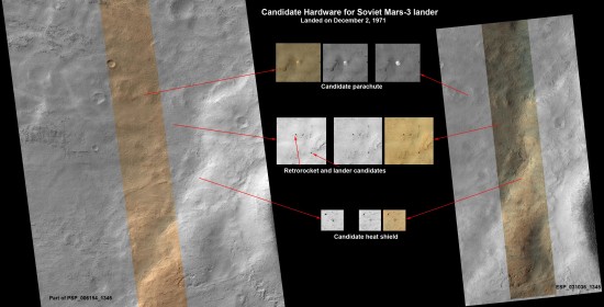 Pravděpodobné zbytky sondy Mars 3 na snímcích ze sondy MRO. Credit: NASA/JPL-Caltech/Univ. of Arizona