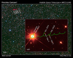 Putování Proximy Centauri na hvězdném pozadí (zelená vlnovka) a setkání s dvěma vzdálenými hvězdami v letech 2014 a 2016. Credit:NASA, ESA, K. Sahu and J. Anderson (STScI), H. Bond (STScI and Pennsylvania State University), M. Dominik (University of St. Andrews), and Digitized Sky Survey (STScI/AURA/UKSTU/AAO)