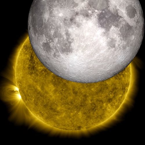 Netradiční pohled na zatmění Slunce. Credit: NASA/SDO/LRO/GSFC