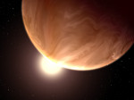 Exoplaneta GJ 1214 b v představách malíře. Je zahalena hustými mraky? Credit: NASA