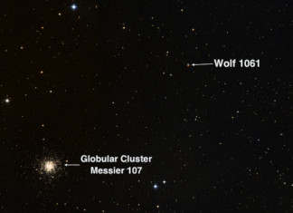 Astronomové revidovali parametry vlčí hvězdy se třemi planetami Wolf 1061 na obloze, credit: Aladin sky atlas