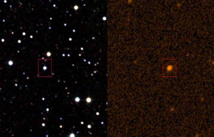 KIC 8462852 ve viditelném a infračerveném záření. Credit: IPAC/NASA Ultraviolet: STScI (NASA)