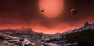 Obyvatelnost planet u TRAPPIST-1 aneb trpasličí starosti TRAPPIST-1 v představách malíře. Credit: ESO/M. Kornmesser