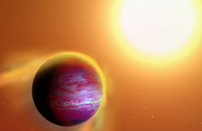 Horký jupiter v představách malíře. Credit: Image by A. Passwaters/Rice University