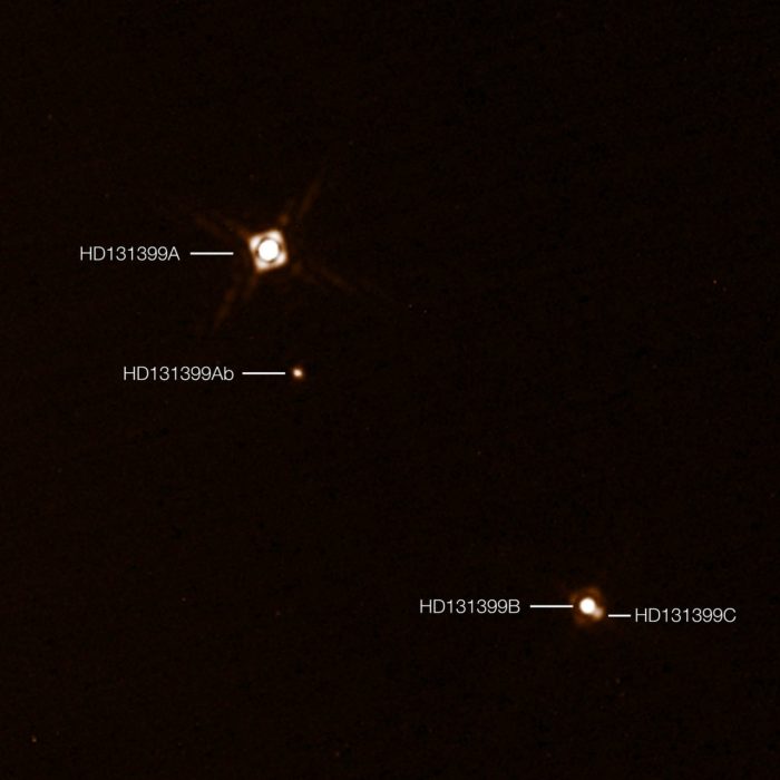 Hvězdy HD131399A, HD131399B, HD131399C a planeta HD131399Ab. Credit: ESO/K. Wagner et al.