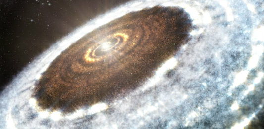Disk u V883 Orionis v představách malíře. Credit: A. Angelich (NRAO/AUI/NSF)/ALMA (ESO/NAOJ/NRAO)