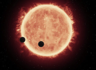 Exoplanetární mňamka: JWST může pozorovat zákryt exoplanety exoplanetou Tranzit exoplanet TRAPPIST-1b a TRAPPIST-1c (kresba). Credit: NASA, ESA, and G. Bacon (STScI)