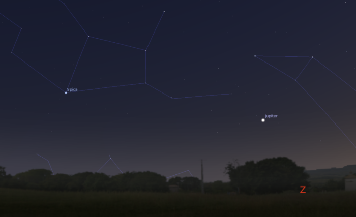 Jupiter 4. července kolem 22:30 nad západním obzorem. Zdroj: Stellarium