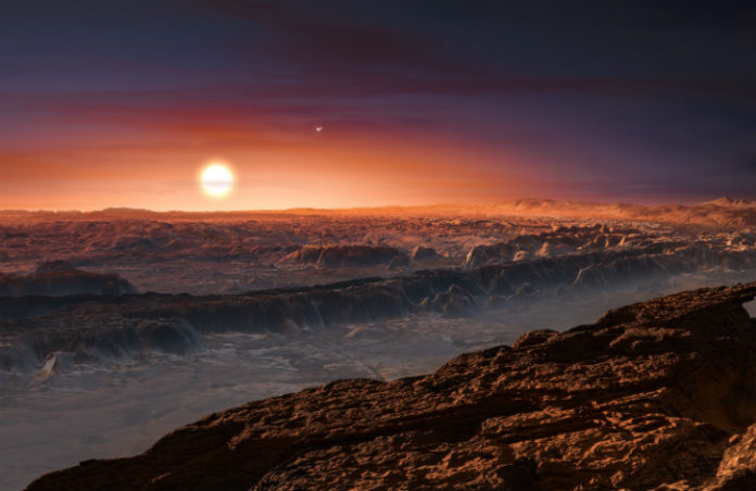 Povrch Proximy b v představách malíře. Credit: ESO/M. Kornmesser