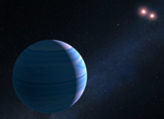 Hubble našel exoplanetu se dvěma slunci pomoci mikročočky OGLE-2007-BLG-349 v představách malíře, credit: NASA, ESA, and G. Bacon (STScI)