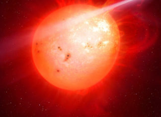 Dvě hvězdy, hnědý trpaslík a obří planeta a to vše natěsnáno do orbity Uranu? Credit: M. Garlick/University of Warwick/ESO