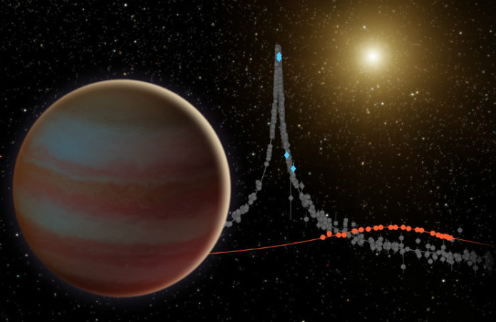 1396_browndwarf1280 Hnědý trpaslík obíhající okolo oranžového trpaslíka a dva průběhy gravitační mikročočky ze dvou kosmických dalekohledů. Credit: NASA/JPL-Caltech