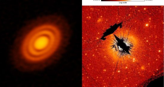 Disk u hvězdy HD 163296 na snímku z ALMA (vlevo) a Hubblova dalekohledu. Credit: ALMA (ESO/NAOJ/NRAO); A. Isella; B. Saxton (NRAO/AUI/NSF); HST: Grady et al.