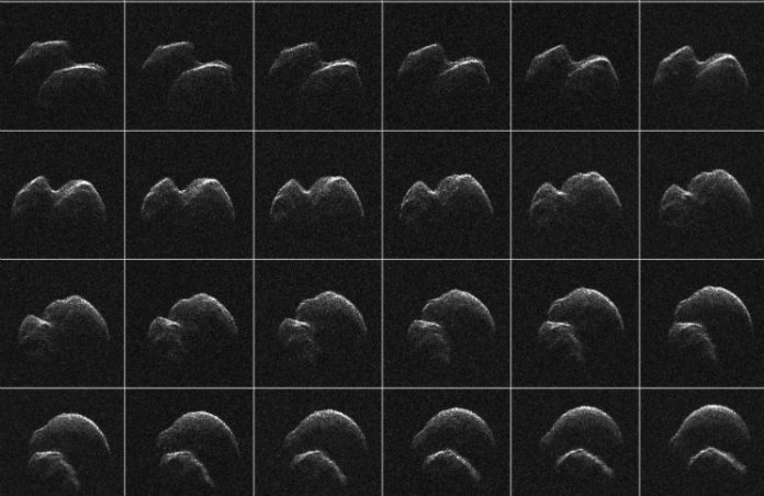 Asteroid 2014 JO25 na snímcích z radioteleskopu Goldstone. Credit: NASA, JPL-Caltech, Goldstone Solar System Radar