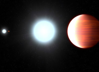 Na exoplanetě sněží opalovací krém. Bohužel na noční straně Kepler-13 stvoří tři hvězdy a obří planeta obíhající okolo největší z hvězd. Credit: NASA, ESA, and G. Bacon (STScI)