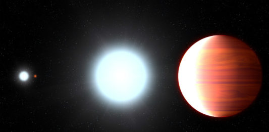 Kepler-13 stvoří tři hvězdy a obří planeta obíhající okolo největší z hvězd. Credit: NASA, ESA, and G. Bacon (STScI)