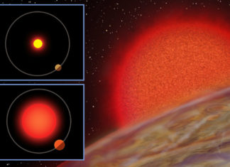 Když já, tak ty taky: jak rudý obr nafoukl planetu Dva horcí jupiteři obíhají dva rudé obry. Credit: Karen Teramura, UH IfA