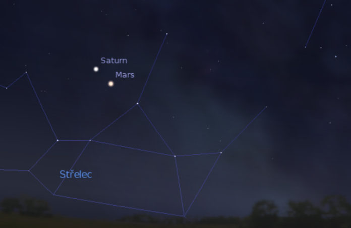 Saturn a Mars se potkají v souhvězdí Střelce. Foto: Stellarium