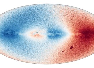 Uveřejněna data za 22 měsíců pozorování družice Gaia Mapa radiálních rychlostí. Hvězdy pohybující se od nás mají červenou barvu, hvězdy pohybující se k nám modrou. Credit: Gaia/DPAC/ESA