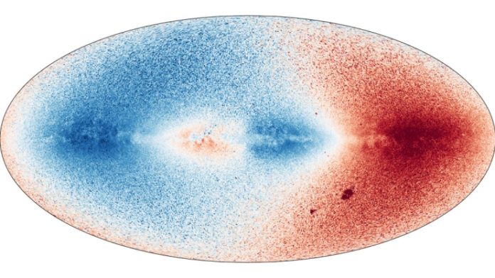 Mapa radiálních rychlostí. Hvězdy pohybující se od nás mají červenou barvu, hvězdy pohybující se k nám modrou. Credit: Gaia/DPAC/ESA