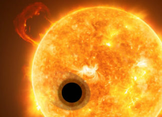 Hubblův dalekohled objevil vůbec poprvé v atmosféře planety hélium Horký jupiter. Credit: ESA/Hubble, NASA, M. Kornmesser