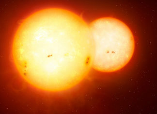 Trpasličí světelná show: Kepler objevil zákrytovou trojhvězdu Dvojhvězda v představách malíře. Credit: NASA, Mark A. Garlick / space-art.co.uk