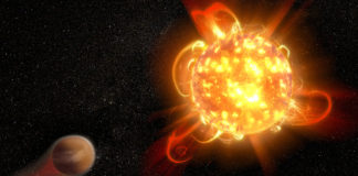 Vzorné planetární matky? Některé hvězdy mají dvě tváře. Tu horší odhalí CubeSat Erupce u červeného trpaslíka s exoplanetou. Credit: NASA, ESA, and D. Player (STScI)