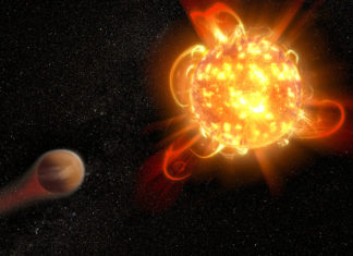 Vzorné planetární matky? Některé hvězdy mají dvě tváře. Tu horší odhalí CubeSat Erupce u červeného trpaslíka s exoplanetou. Credit: NASA, ESA, and D. Player (STScI)