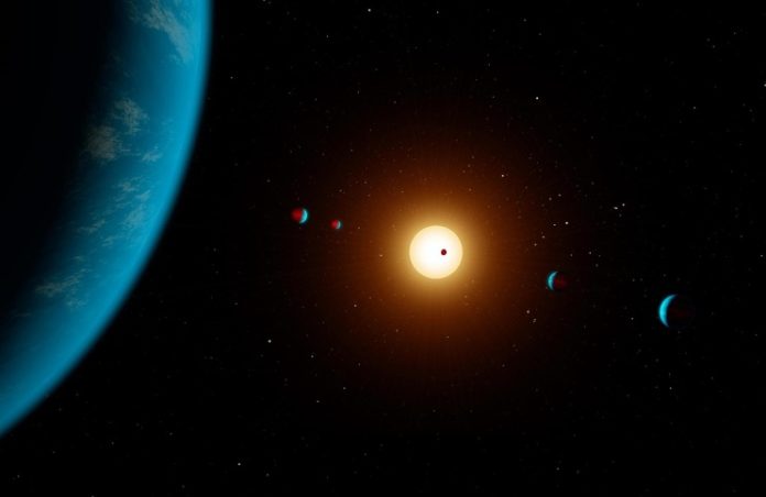 Multiplanetární systém v představách malíře. Credit: NASA/JPL-Caltech/R. Hurt (IPAC)