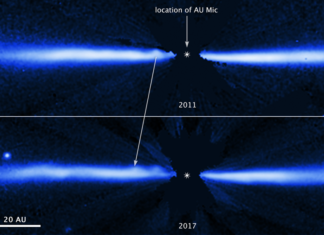 Hubble pozoruje, jak umírá naděje: Planety u červených trpaslíků mohou být suché Disk u AU Mic na snímcích z Hubblova dalekohledu. Credit: NASA, ESA, J. Wisniewski (University of Oklahoma), C. Grady (Eureka Scientific), and G. Schneider (Steward Observatory)