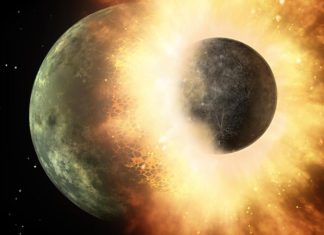 V systému Kepler-107 leží svědek gigantické kolize Při gigantické srážce Země a tělesa o velikosti Marsu vznikl náš Měsíc. Credit: NASA/JPL-Caltech