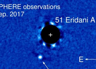 Planetární zobrazovač pozoruje oběh planety 51 Eridani b okolo své hvězdy 51 Eridani b na snímku z přístroje SPEHERE. Credit: ESO, Maire et al.
