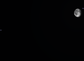 Podívejte se na oblohu. Měsíc si dá rande s Jupiterem a Saturnem Jupiter a Měsíc. Zdroj: Stellarium